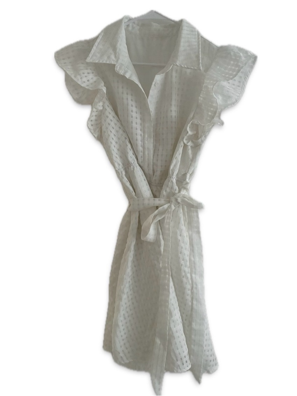 White Eyelet Wrap Dress with Ruffle Sleeves fits 38DD, 40” bust